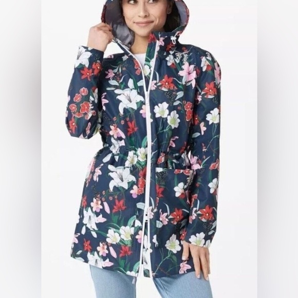 Nuage Floral Hooded Rain Jacket 1X Plus Size Navy Lightweight Waterproof Parka - Picture 1 of 6